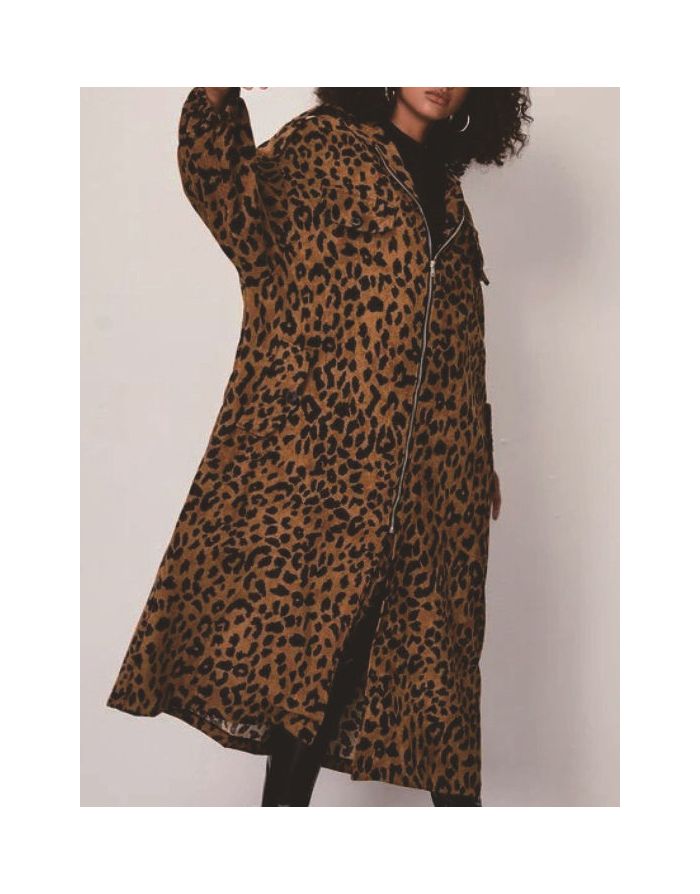 Women Fall Winter Coat Leopard Print Long Overcoat Lapel Long Sleeve Zipper Loose Tops