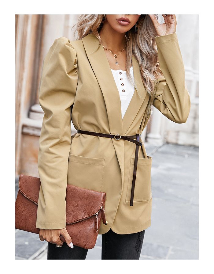 Fall Women New Tops Fashion Puff Sleeve Pockets Lapel Belted Medium Long Blazer Coat